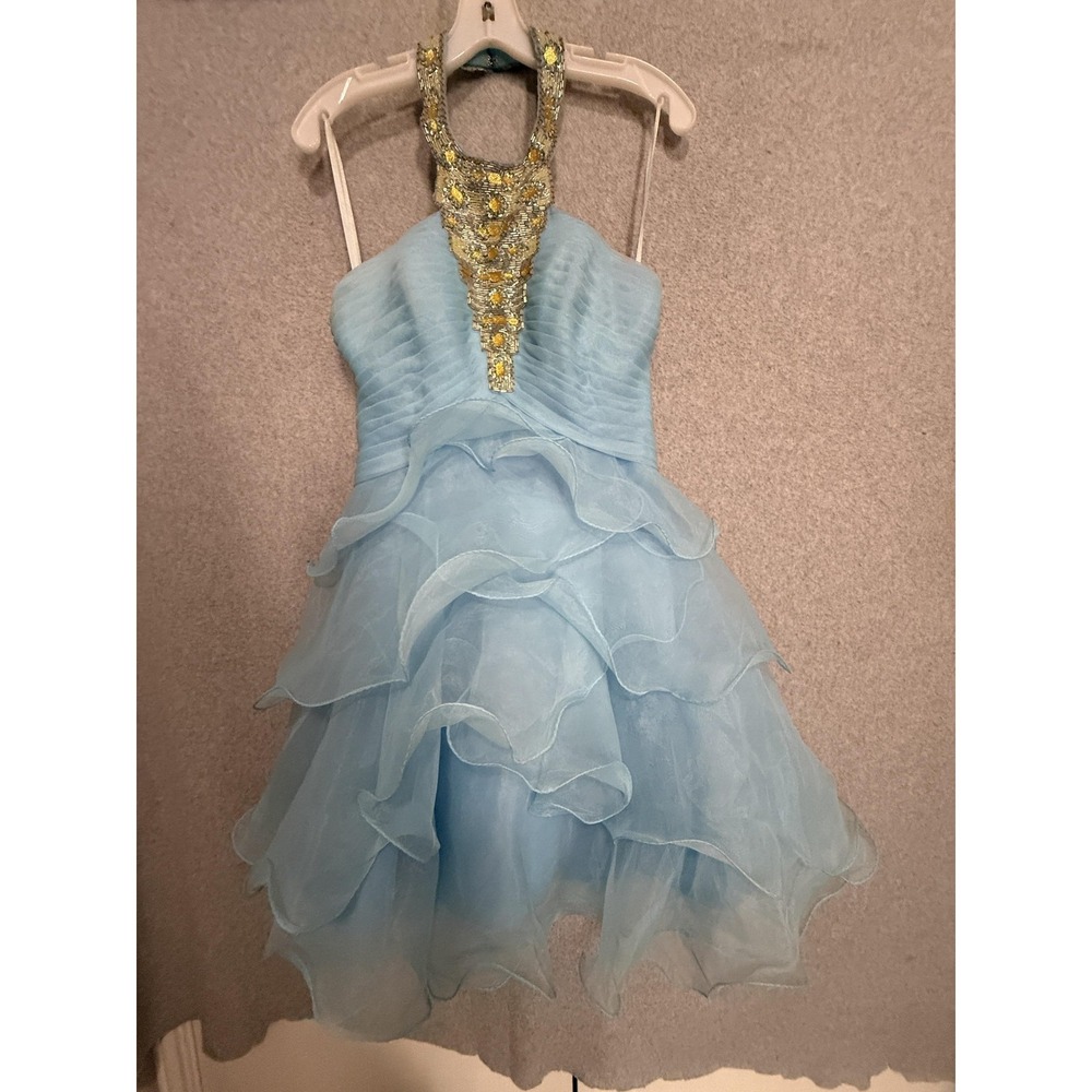 Precious Formals Dress Juniors S Blue Beaded Halter Ruffle Chiffon Mini Party